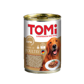 Hrana umeda pentru caini Tomi cu 3 feluri de carne de pui 400g