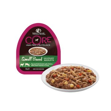 Hrana umeda pentru caini Wellness Core Small Breed Savoury cu miel si vanat 85 g