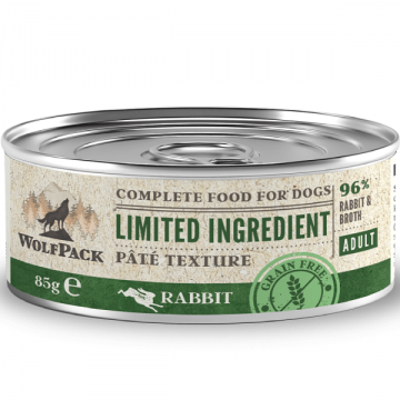 Hrana umeda pentru caini Wolfpack LTD Adult Iepure 85g
