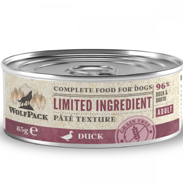 Hrana umeda pentru caini Wolfpack LTD Adult Rata 85g