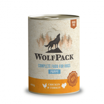 Hrana umeda pentru caini Wolfpack Puppy Pui & Curcan 400g
