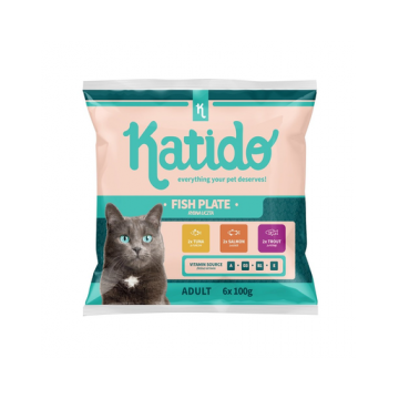 KATIDO Fish Plate plic hrana pisica 2x6x100g somon, pastrav, ton in sos + undita GRATIS