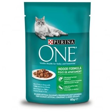 PURINA One Indoor, Ton cu Fasole Verde, plic hrană umedă pisici, (în sos), 85g