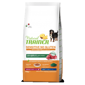 Natural Trainer, Sensitive No Gluten Medium Maxi Adult, Miel si Cereale Integrale, 12 kg