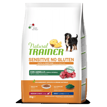 Natural Trainer, Sensitive No Gluten Medium Maxi Adult, Miel si Cereale Integrale, 3 kg