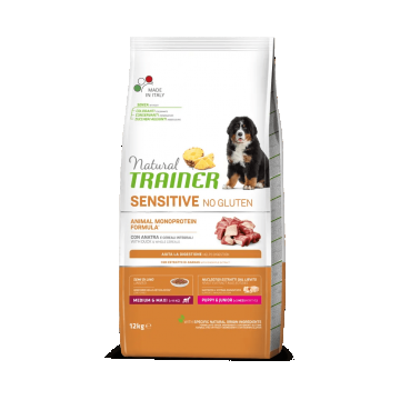 Natural Trainer, Sensitive No Gluten Medium Maxi Puppy & Junior, Rata si Cereale Integrale, 12 kg