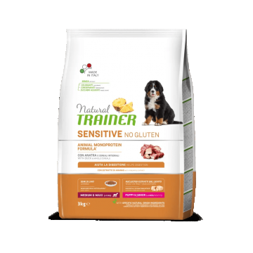 Natural Trainer, Sensitive No Gluten Medium Maxi Puppy & Junior, Rata si Cereale Integrale, 3 kg