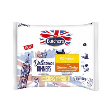 BUTCHER'S Delicious Dinners hrana in aspic, pentru pisici adulte 4x100g cu pui, cu pui si curcan