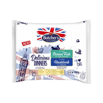 BUTCHER'S Delicious Dinners hrana pisica adulta, bucati carne in aspic 4x100g cu peste oceanic, cu eglefin