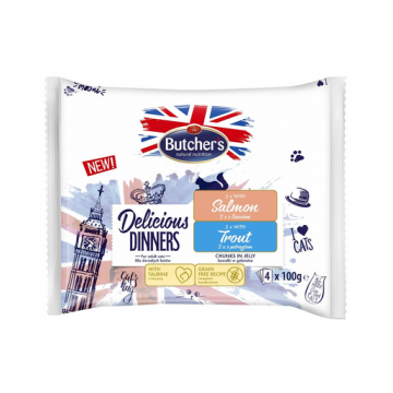 BUTCHER'S Delicious Dinners hrana plic pisici adulte, in aspic 4x100g cu somon, cu pastrav