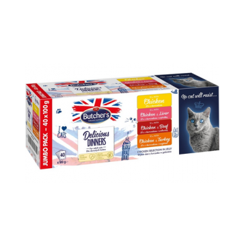 BUTCHER'S Delicious Dinners Jumbo Pack in aspic pentru pisica adulta 40x100g Arome mixte de pui