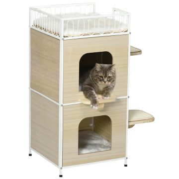 PawHut Apartament Casa pentru Pisici pe 3 Nivele, Pat pentru Pisoi in Stil Cabana cu Platforme de Sarituri, Perne de Zgariat, Lemn Natur