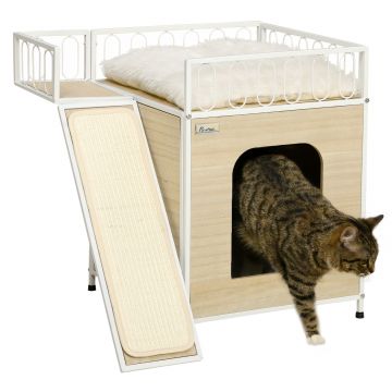 PawHut Casa Confortabila pentru Pisici, Pestera de Dormit pentru Pisici cu 2 Perne, Scara de Zgariat, Picioare Reglabile, Efect de Lemn Natur