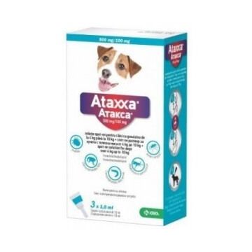 Antiparazitar extern pentru cain 4-10 Kg, 100+500 mg/ml, 3 pipete x 1 ml, Ataxxa 100