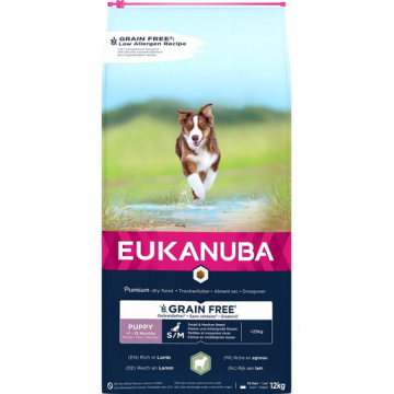 EUKANUBA Grain Free S/M Puppy 12 kg sac hrana ceti taie mica si medie, cu miel