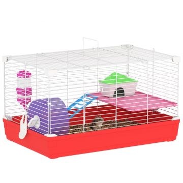 PawHut Cusca pentru Hamsteri cu 2 Nivele din Metal si PP cu Casuta, Rezervor de apa, Roti si Farfurioare, 47x30x27 cm, Rosu si Alb | Aosom Romania