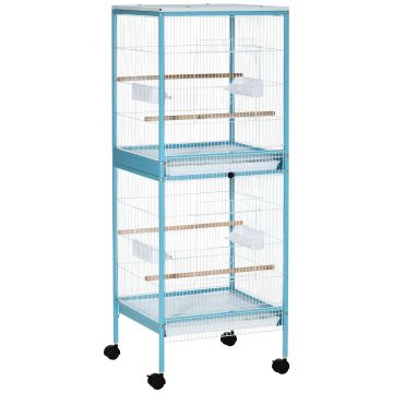 PawHut Colivie pentru Pasari 2 in 1 Voliera pentru Interior cu 4 Roti Pivotante, Tavi Detasabile si Recipiente din plastic, 51,5x50x140cm, Albastra