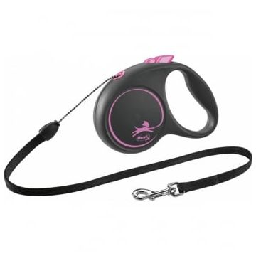 FLEXI Black Design S, lesă retractabilă câini, 12kg, șnur, 5m, roz
