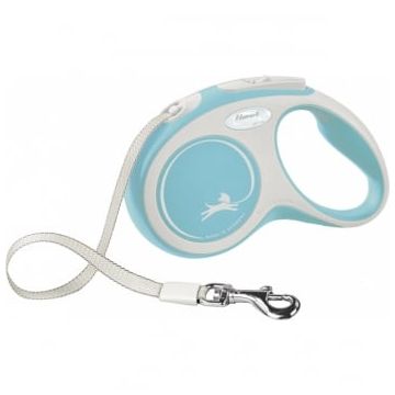 FLEXI New Comfort S, lesă retractabilă câini, 15kg, bandă, 5m, albastru deschis