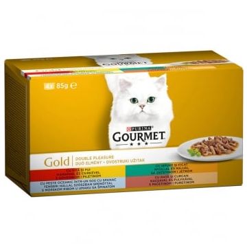 PURINA Gourmet Gold, 4 arome(Vită și Pui, Rață și Curcan, Pește cu Spanac, Iepure și Ficat), multipack, conservă hrană umedă pisici, (în sos), 85g x 4