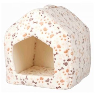 TRIXIE Lingo, căsuța hexagonală câini și pisici, XS, poliester, imprimeu oase și lăbuțe, crem, 40 x 45 x 40 cm