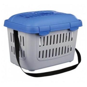 TRIXIE Midi Capri, cușcă transport câini și pisici, XS(max. 5kg), plastic, deschidere superioară, cu curea de umăr, albastru și gri, 44 x 33 x 32 cm