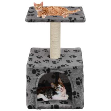 Ansamblu pisici stâlp funie sisal 55 cm imprimeu lăbuțe gri