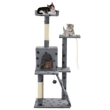 Ansamblu pisici stâlpi funie sisal 120 cm gri imprimeu lăbuțe