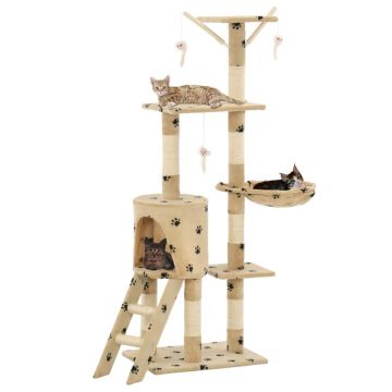 Ansamblu pisici stâlpi funie sisal 138 cm imprimeu lăbuțe bej