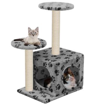 Ansamblu pisici turnuri de sisal gri 60 cm imprimeu cu lăbuțe
