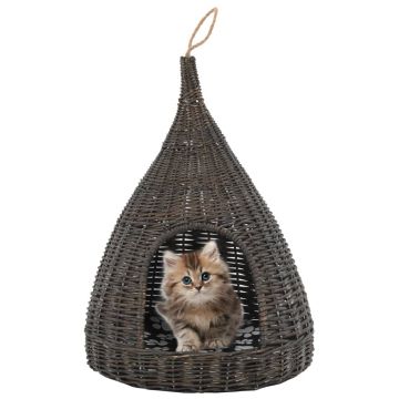 Casă de pisici cu pernă gri 40x60 cm salcie naturală teepee