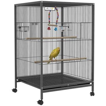 PawHut Colivie pentru Păsări cu Suport Rulant, Colivie cu Leagăn, Tavă Detașabilă, și Boluri din Oțel Inoxidabil, 48x46x74 cm, Gri | Aosom Romania
