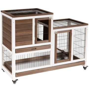 PawHut Cusca pentru iepuri din lemn cu roti, tavi detasabile si casa pentru iepuri cu rampa, 110x50x86cm, maro si alb | AOSOM RO