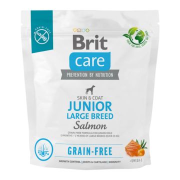 BRIT Care, L-XL, Somon, hrană uscată fără cereale câini junior, piele & blană BRIT Care Grain-Free Junior Large Breed, L-XL, Somon, hrană uscată fără cereale câini junior, piele & blană, 1kg