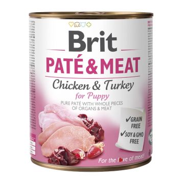 BRIT Pate & Meat Puppy, Pui și Curcan, conservă hrană umedă fără cereale câini junior, (pate cu bucăți de carne), 800g