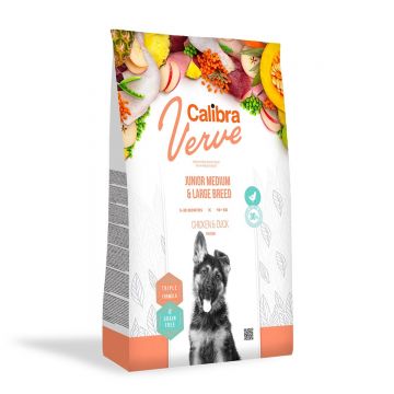 CALIBRA Verve GF Junior M și L, Pui și Rată, hrană uscată fără cereale câini junior, 12kg