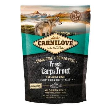 CARNILOVE Fresh Hair & Skin S-XL, Crap și Păstrăv, hrană uscată fără cereale câini, piele si blană, 1.5kg