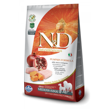 N&D Grain Free Adult Medium si Maxi, Pui, Rodie si Dovleac, 2.5 Kg