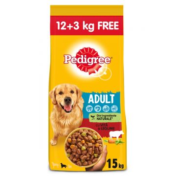 PEDIGREE, S-M, Vită și Legume, hrană uscată câini, 12+3kg GRATUIT