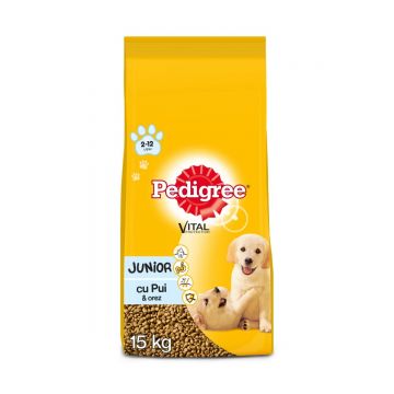 PEDIGREE Vital Protection Junior, Pui și Orez, hrană uscată câini junior, 15kg