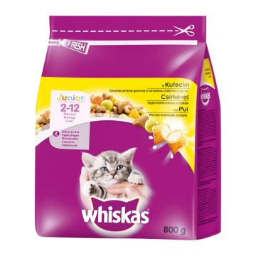 WHISKAS Junior, Pui, hrană uscată pisici junior, 800g