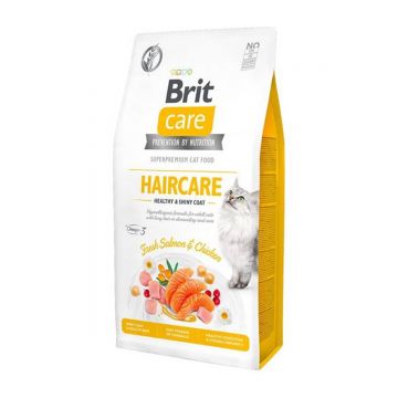 BRIT Care Haircare Healthy & Shiny Coat, Somon și Pui, hrană uscată fără cereale pisici, piele și blană, 2kg