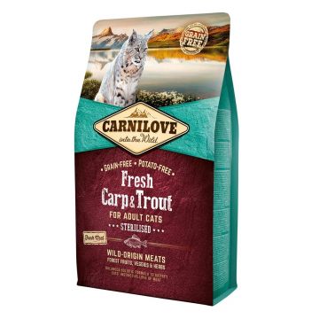 CARNILOVE Fresh Sterilised, Crap și Păstrăv, hrană uscată fără cereale pisici sterilizate, 6kg