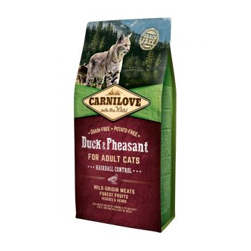 CARNILOVE Hairball Control, Rață și Fazan, hrană uscată fără cereale pisici, limitarea ghemurilor de blană, 6kg