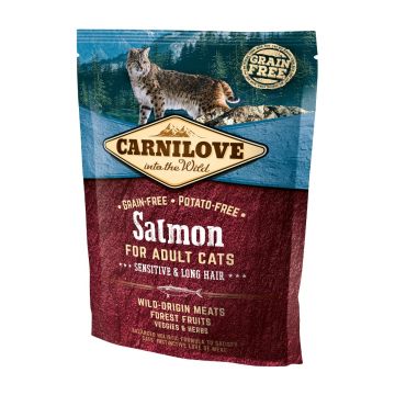 CARNILOVE Sensitive & Long Hair, Somon, hrană uscată fără cereale pisici, sensibilități digestive, piele și blană, 400g