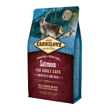 CARNILOVE Sensitive & Long Hair, Somon, hrană uscată fără cereale pisici, sensibilități digestive, piele și blană, 6kg