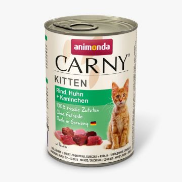 CARNY Vită, Pui și Iepure, conservă hrană umedă fără cereale pisici junior, (în aspic), 400g