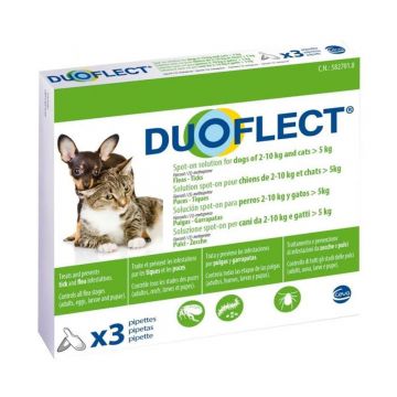 DUOFLECT, spot-on, solutie antiparazitara DUOFLECT, spot-on, soluție antiparazitară, pisici >5kg și câini 2-10kg, 3 pipete de firma original