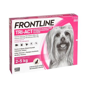 Frontline Tri-Act, solutie spot-on antiparazitară, câini FRONTLINE Tri-Act, spot-on, soluție antiparazitară, câini 2-5kg, 3 pipete