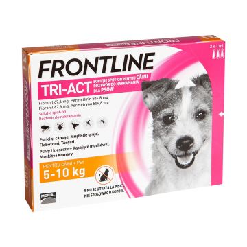 Frontline Tri-Act, solutie spot-on antiparazitară, câini FRONTLINE Tri-Act, spot-on, soluție antiparazitară, câini 5-10kg, 3 pipete ieftin